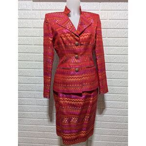 George Simonton Women's Hot Pink Orange Geometric Pattern Rhinestone Buttons Ski